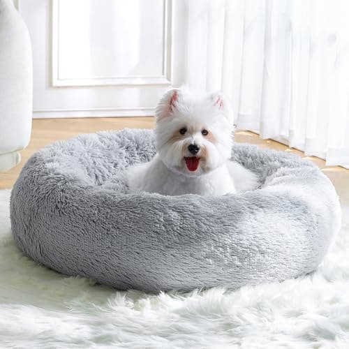 Calming Small Dog Bed, Donut Fluffy Anti-Anxiety Round Washable Cute Bed, Plush Cozy Cuddler Warming Soft Comfort Pet Bed for Small Medium Dogs Cats, 20inch,Light Grey