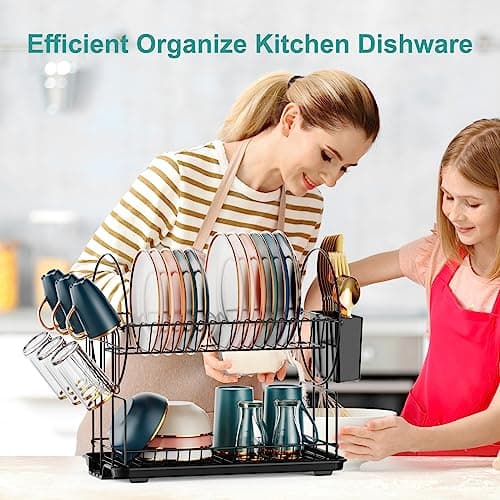 iSPECLE Dish Drying Rack - 2 Tier Small Dish Racks for Kitchen Counter with Drainboard, Utensil & Glass Holder, Small Dish Dryer Rack, Multifunctional Dish Drainer for Kitchen Organization, Black 9