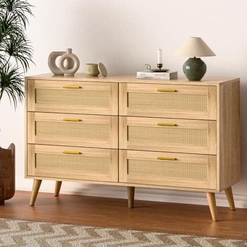 PRETZI 6 Drawer Rattan Dresser for Bedroom, Rattan Chest of Dressers, Wooden Boho Dresser Modern Storage Chest with Golden Handles, Beside Table for Entryway, Living Room, Hallway, Bedroom