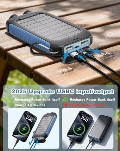 solar power bank, 20000mAh portable charger 5V/3A Fast Charging with USB-A and USB-C Ports battery bank Compatible with iPhone,Samsung,Waterproof,Emergency LED Flashlights for Camping, Hiking,Outdoor 5