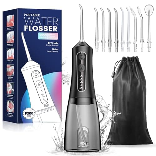 JTF Water Dental Flosser Picks for Teeth - 4 Modes Cordless Oral Irrigator, 300ML Portable Water Flosser & Rechargeable IPX7 Waterproof Water Teeth Cleaner for Home Travel with 9 Jet Tips (Black)