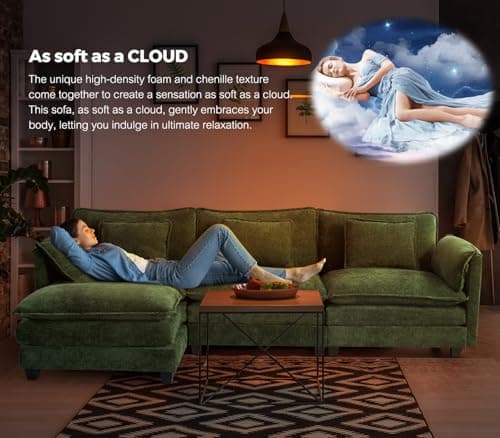 ELUCHANG 113" Modular Sectional Sofa, Comfy Cloud Couch, L Shaped Deep Seat Sofa Couches for Living Room, 4-Seater Modern Sofa with Movable Ottoman, DIY Combination - Chenille Green 5