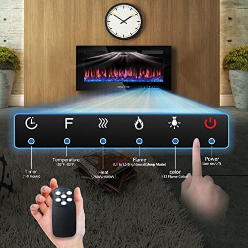 Home4me 36" Electric Fireplace, Wall Mounted and Recessed Fireplace Heater, 750/1500W Freestanding Electric Fireplaces, Adjustable Flame Color, Touch Screen, Timer, Low Noise 7