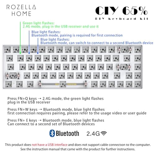 CIY GK68 Dual Mode Wireless Hotswap Keyboard Kit, DIY 65% Keyboard, Bluetooth 5.0/2.4G Wireless, Replaceable MX Switch 5Pin/3Pin, ABS Shell,Metal Positioning Plate, Sound Insulation Mat(White) 5