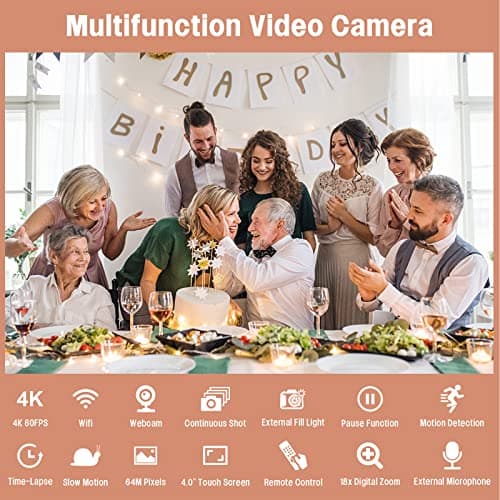 DINGETU Camcorder Video Camera 4K 64MP 60FPS 18X Digital Zoom Video Camera Vlogging Camera for YouTube with WiFi, Webcam, Microphone, Stabilizer, 64G SD Card, Remote Control 7