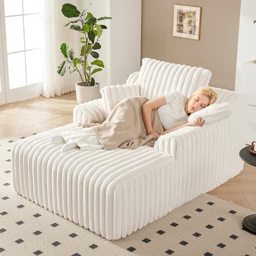 Mangodan 63" Oversized Chaise Lounge Chair Indoor, Boneless Couch Chair with 3 Pillows, Comfy Reading Chair with Wide Arms, No Assembly Required Corduroy Couch, Sleeper Sofa for Living Room, Beige 9