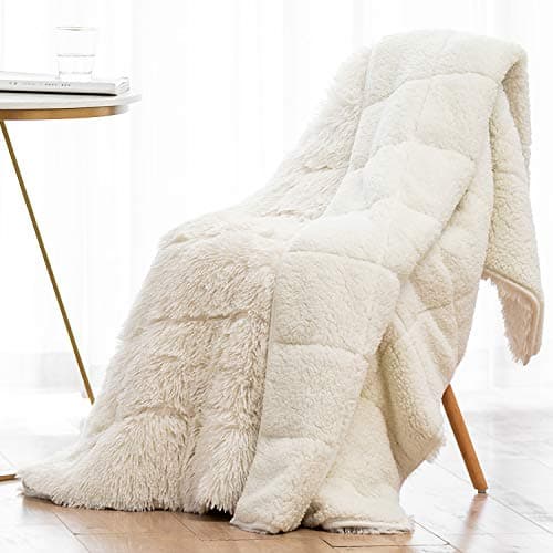 Wemore Shaggy Long Fur Faux Fur Weighted Blanket, Cozy and Fluffy Plush Sherpa Long Hair Blanket for Adult 15lbs, Fluffy Fuzzy Sherpa Reverse Heavy Blankets for Bed, Couch, Cream White, 48 x 72 Inches