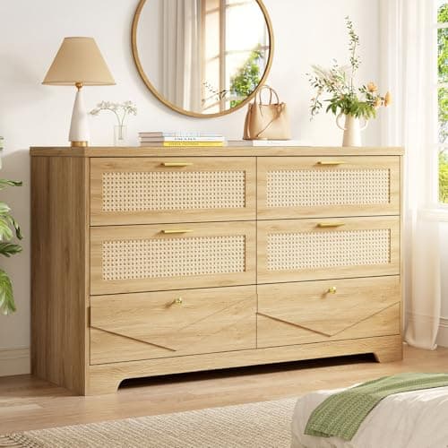 IBF Rattan Dresser for Bedroom, Wood Boho 6 Drawer Dressers, Large Dresser Chest of Drawers for Closet, Wide Clothes Storage Organizer with Deep Drawers for Living Room and Hallway, 51.2 Inch, Oak