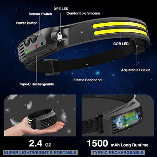 Headlamp Rechargeable,2 Pack 230° Wide Beam Head Lamp,2000 Lumen Super Bright LED Headlamp with Motion Sensor,Waterproof 0.14lb Lightweight Head Lights for Forehead Hiking Running,Camping Essentials 3