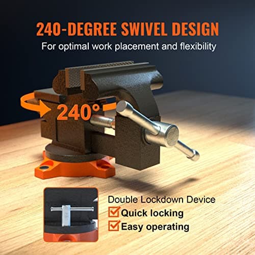 VEVOR Bench Vise, 4.5-inch Jaw Width 3.3-inch Jaw Opening, 240-Degree Swivel Locking Base Multipurpose Vise w/Anvil, Heavy Duty Cast Iron Workbench Vise w/Bolts & Nuts, for Drilling, Pipe Cutting 5