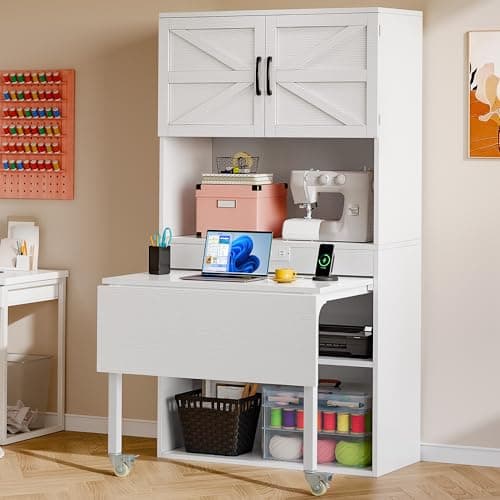 DWVO Sewing Craft Table with Storage, Craft Armoire with Fold-Out Table and USB Power Outlets, Large Capacity Sewing Cabinet with Expandable Desk, Adjustable Shelves for Home or Studio 7