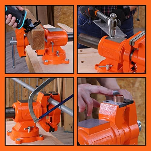 PONY Heavy Duty Bench Vise, 5-inch Jaw Width and Opening, 360-Degree Swivel Base With Anvil, Utility Combination Pipe Home Vise for Woodworking, One-Pair Vise Jaw Pad Included 9