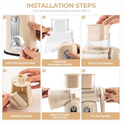 SUSTEAS Rotary Cheese Grater with Handle - Vegetable Shredder with 5 Well-designed Blades & Strong Suction Base,Round Mandoline Slicer & Food Chopper for Kitchen,with Blade Storage Box(Beige) 6