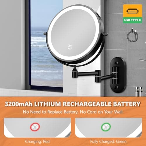 Auxmir 8'' Wall Mounted Lighted Makeup Mirror, 3200mAh Rechargeable Double-Sided 1X/20X Magnifying Mirror with Light, Touch Dimmable 3 Color Light, 360° Rotation Foldable Extended Arm, Black 7