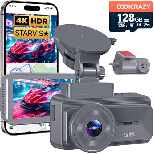 COOLCRAZY 4K Dash Cam Front and Rear with STARVIS Sensor, 128GB Card Included, 170°Wide Angle, Built-in GPS, G-Sensor Dash Camera for Cars with 3" IPS Screen, Loop Recording,24H Parking Mode,5.8G WiFi