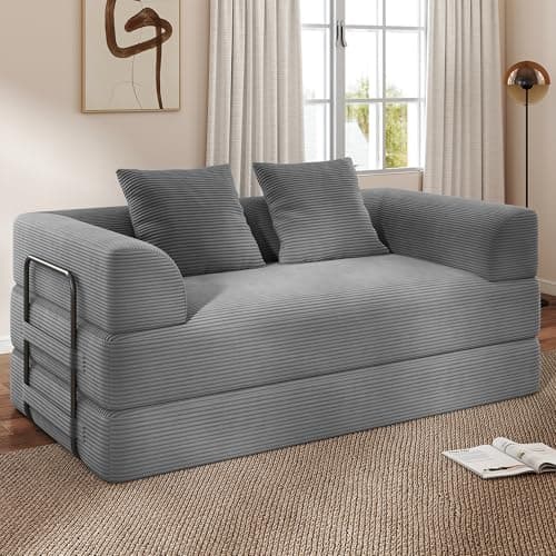 Cloud Boneless Convertible Floor Sofa Bed, 70" 4-in-1 Foldable Compressed Loveseat Lounge Sleeper 2 Seater Couches, High-Density Sponge & Corduroy Fabric Futon Daybed for Living Room Bedroom(Gray)