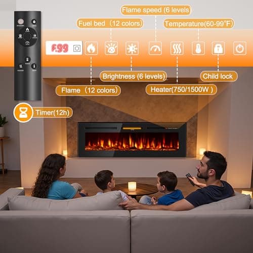 Tehanld 60 Inch Electric Fireplace in-Wall Recessed and Wall Mounted, Ultra-Thin Linear Fireplace Heater 750/1500W with Realistic Flame, Higher Temperatures & Lower Noise, Log Set & Crystal Options 5