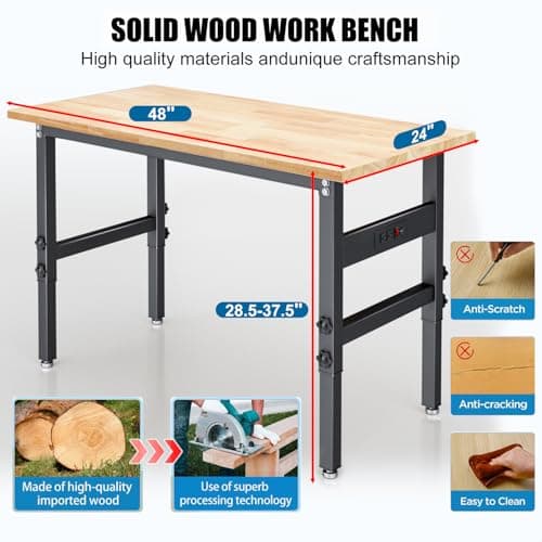 48" Workbench Desk with Power Outlets, Adjustable Height Rubber Wood Top Heavy-Duty Work Table, 2000 LBS Load Capacity Work Station for Garage, Workshop, Office, Home 5