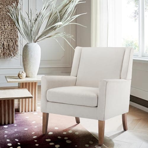COLAMY Modern Wingback Living Room Chair, Upholstered Fabric Accent Armchair, Single Sofa Chair with Lounge Seat and Wood Legs for Bedroom/Office/Reading Spaces, Beige 7