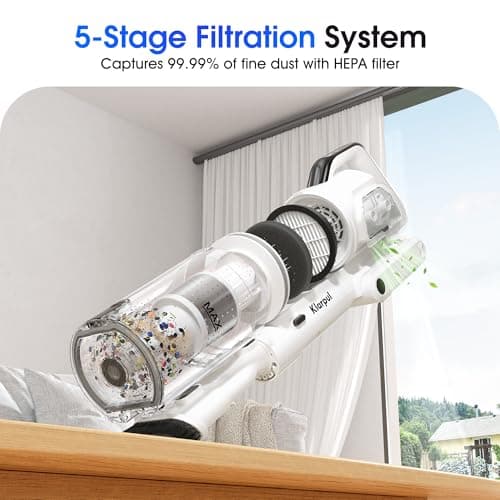 Cordless Vacuum Cleaner, 600W 50KPA 70Mins Runtime Fast Charging Vacuum Cleaner, Self-Standing LED Light Touch Screen Stick Vacuum for Home Light Weight,for Pet Hair/Carpet/Floor, White 7