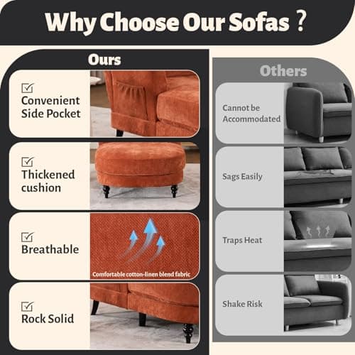 Chaise Lounge Chair Indoor, 59.8"Oversized Couch Reading Chairs, Chenille Comfortable Deep Sleeping Single Sofa, Upholstered Modern Couch Sofa Bed for Living Room, Bedroom & Apartment (Orange) 5