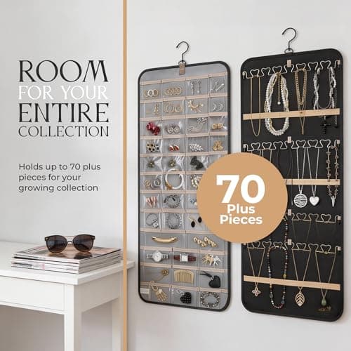SoCal Buttercup Hanging Jewelry Organizer Storage with Hanger Metal Hooks Double-Sided Jewelry Holder- Wall Mount Holder for Earrings, Necklaces, Rings on Closet, Wall, Door, 1 piece, Large, Black 5