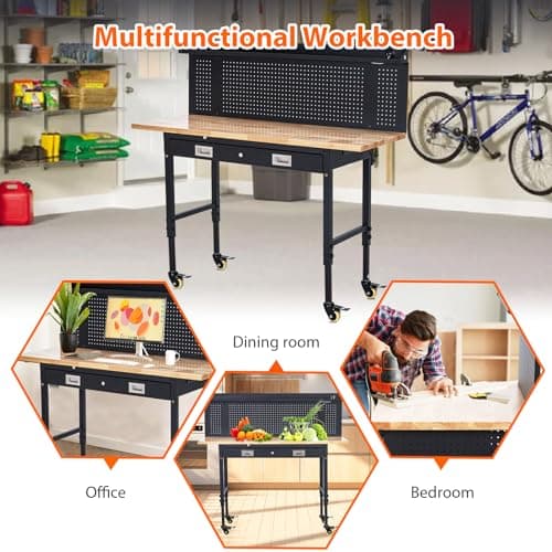 ACONEE 60" Adjustable Workbench with Drawer Storage, Rubber Wood Top Work Table for Garage, Heavy Duty Worktable with Removable Pegboard, Power Outlet, Hooks, Tool Storage Bench for Warehouse Workshop 6