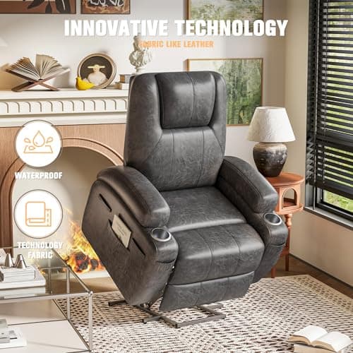 Flamaker Power Lift Recliner Chair Electric Lift Recliner for Elderly Power Lift Recliner Chair with Cup Holders Side Pockets for Living Room (Leathaire, Light Black) 8