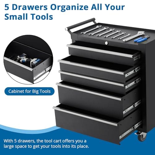 IDEALHOUSE Rolling Tool Chest, 5 Drawers Tool Storage Cabinet, Toolbox with Wheels, Portable Tool Cabinet Organizer with Locking System & Drawer Liners, Tool Storage Cart for Garage, Workshop, Black 8