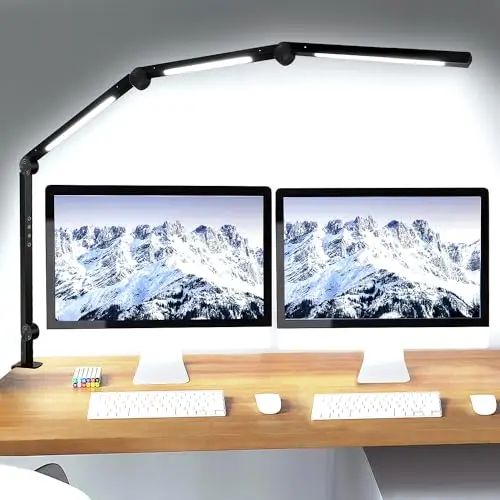 vimeepro LED Desk Lamp with Clamp & Flexible Arm - 3 Light Sources, 4 Color Modes & 5 Brightness Levels, Eye-Caring Table Light with Memory Function