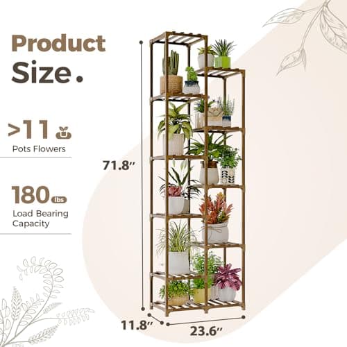Bamworld Plant Stand Indoor Outdoor 11 Tier Tall Large Wood Plant Shelf Multi Tier Flower Stands Garden Shelves Wooden Plant Display Holder Rack for Living Room Corner 6