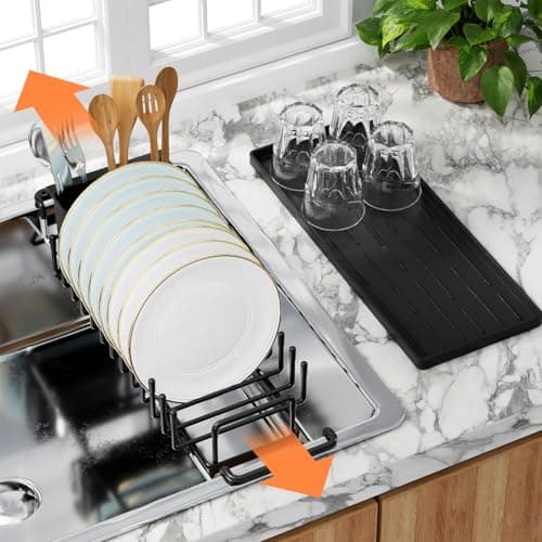 TOOCA BEAR Expandable Small Dish Drying Rack, Stainless Steels Over Sink Dish Drainer with Silicone Drying Tray Dish Racks for Kitchen Counter
