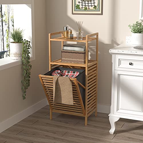 QSSLLC Bamboo Tilt-Out Laundry Hamper Cabinet, Bathroom Storage Cabinet with Basket, Shelves and Handles for Clothes, Bedroom, Closet Natural&Gray