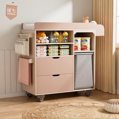 MFXLGO 100% Solid Wood Baby Changing Table Dresser with Drawers, Nursery Diaper Changing Station with Changing Pad & Built-In Trash Bag Storage, Rolling Space-Saving Design for Newborn & Toddler, Pink 8