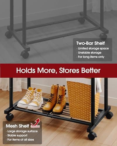 Sakugi Clothes Rack - Double Rods Clothing Rack with Mesh Shelf, Hooks & Wheels, Metal Clothing Racks for Hanging Clothes & Bags, Multifunctional Garment Rack for Laundry, Black, 28.7" x 16.5" x 59.1" 4