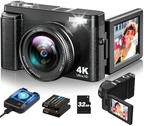 4K Digital Camera for Photography and Video, Autofocus Vlogging Camera with 180° Flip Screen 16X Zoom, 48MP Compact Camera with Flash, 32GB Card, 2 Batteries and Charger