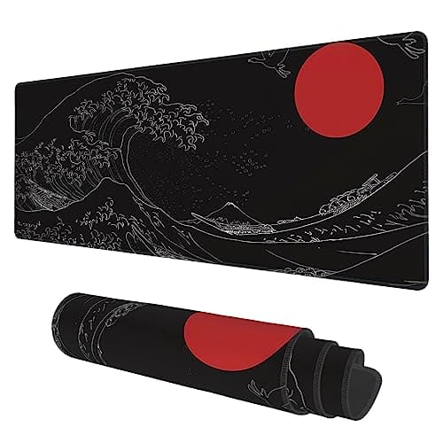 Desk Mat, Black Japanese Style Wave and Red Sun Extended Gaming Mouse Pad Large, 31.5"x11.8" Big Mouse Pad with Non-Slip Base and Stitched Edge, Long Computer Keyboard Mouse Mat for Home Office Work