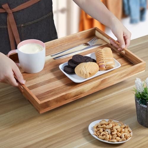 17 Inch Acacia Wood Serving Tray with Handles - Large Wooden Tray for Ottoman, Breakfast in Bed, Dinner, Coffee Table - Decorative Rectangular Tray for Living Room Bedroom Entryway and Kitchen 5