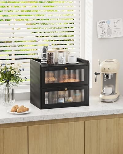 Kitsure Bread Box - 2-Tier Bamboo Bread Box for Kitchen Countertop, Bread Storage Container with Magnetic Acrylic Door, Pantry Organizers and Storage for Loaves, 15" x 9.8" x 13.2", Black 8