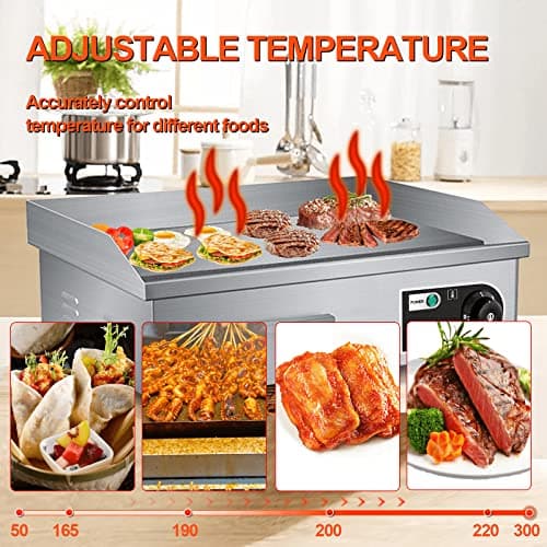 PROMOTOR 22" Electric Countertop Flat Top Griddle 1600W 110V Non-Stick Commercial Restaurant Teppanyaki Grill Stainless Steel Adjustable Temperature Control 50~300℃ 6