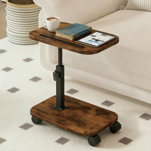 LxBrillxiant Adjustable Height TV Tray Table with Wheels, C Shaped End Side Table & Phone Tablet Slot, Swivel Snack Stand for Couch, Sofa, Bed,Living Room, Laptop Use in Small Spaces (Rustic Brown)