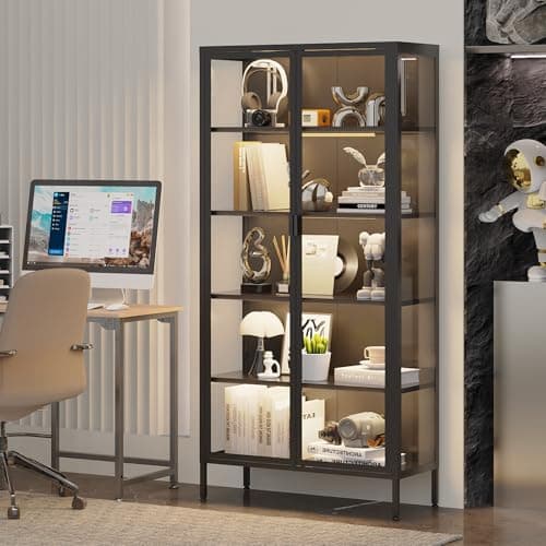 Rumetol 71" H Display Cabinet with Glass Doors,Display Case with LED Sensor Lights,Glass Display Cabinet with Adjustable Shelves and Feet,Display Cabinets for Living Room/Bedroom/Kitchen 8