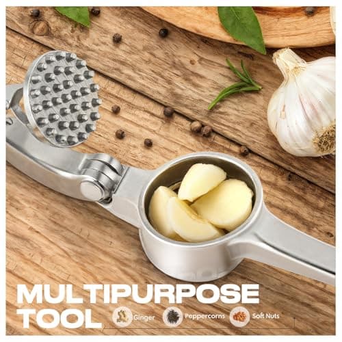 Kitchen Garlic Press, Rust Proof & Dishwasher Safe Garlic Mincer, Durable Garlic Crusher Set with Peeler＆Brush, Easy to Clean and Squeeze, Matte 6