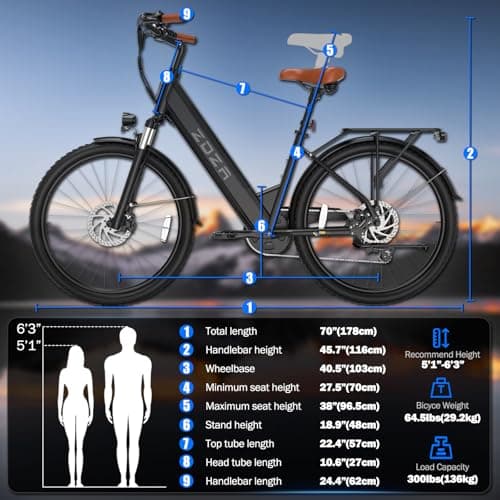 ZDZA Electric Bike for Adults, 1000W Peak Motor, 60 Miles 22Mph Electric Bike, 26" Commuter E Bikes with 48V 10.4Ah Removable Battery, Step-Thru Ebike, Adjustable Stem, 7-Speed & Front Suspension 8