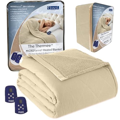 Thermee Micro Flannel Heated Blanket with Sherpa Back, 10-Setting Programmable Electric Blanket - Queen Size, Ultra-Soft Heated Throw - Tan