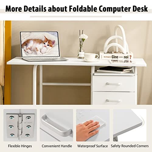 Tangkula White Folding Desk with 3 Drawers, Mobile Home Office Desk Study Writing Desk with Smooth Wheels, Space Saving Compact Table for Dorm Apartment, Rolling Couch Desk Table 7