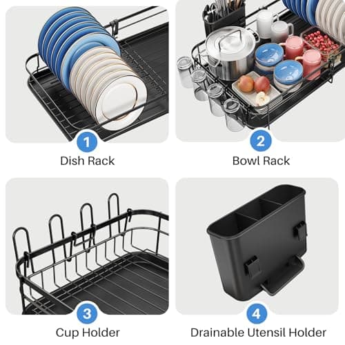 SNTD Large Dish Drying Rack - Expandable Dish Rack for Kitchen Counter, Stainless Steel Dish Drainer Rack with Utensil Holder and Cup Holder, Black 5