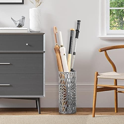 LANDVOI Umbrella Holder Stand for Entryway, Metal Organizer With Detachable Drip Tray, Round Freestanding Rack, 6.7 x 6.7 x 16 Inches, Silver DUH11S 9