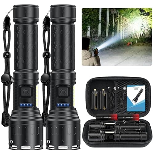 Rechargeable Magnetic Flashlights 100,000 High Lumens, Super Bright LED Powerful Flashlight 8 Modes with COB Work Light, Waterproof Handheld Flash Light for Camping (2 Pack with Leather Box, Black)