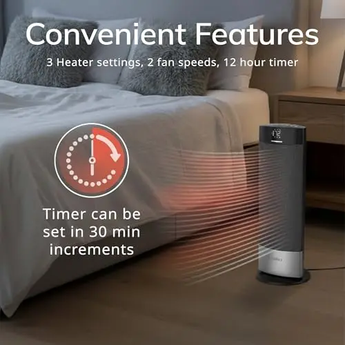 Lasko Ellipse Ceramic Tower Heater for Home with Tipover Switch, Child Lock, Digital Display, Thermostat, Wide Oscillation, Remote, Timer, For Bedroom, Office, Living Room, Den, 1500W, Black, CT18950 6